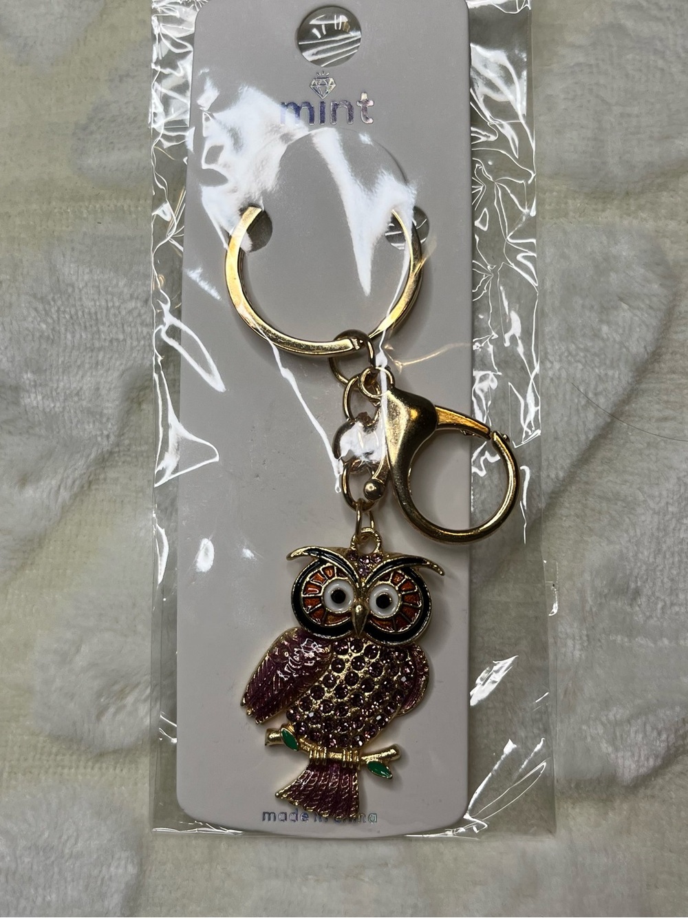 Mint Gold and Purple Owl Keychain Charm